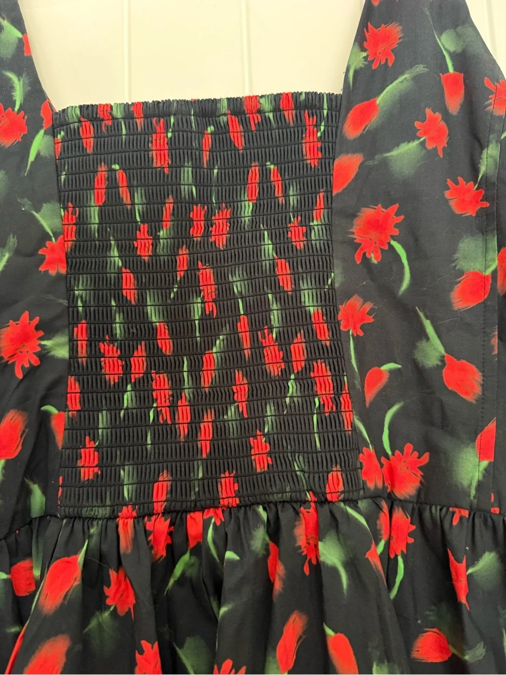 Beautiful fit-n-flare JCrew Black Sundress with Red Floral Daisy Print.